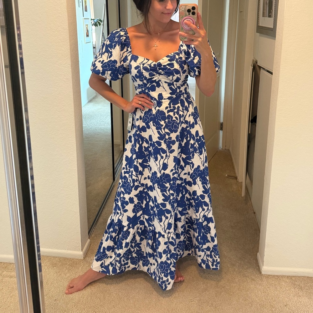 Tuckernuck Blue Floral Seaport Midi Dress - NWT, Puff Sleeves, Sweetheart